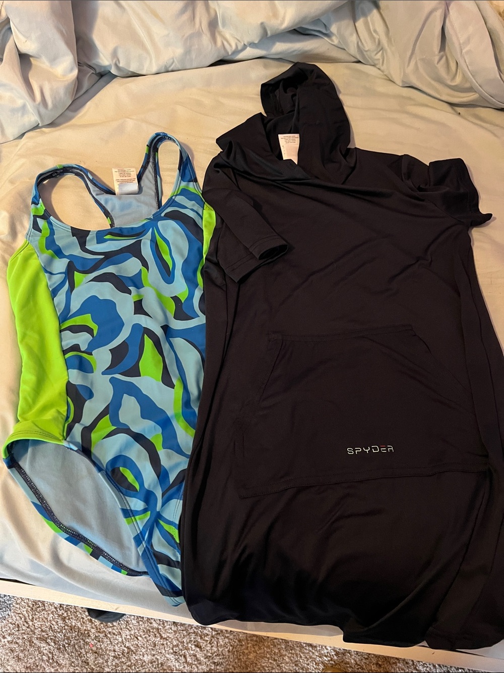 Spyder Black Swim Cover-Up Hoodie with Blue-Green Patterned One-Piece